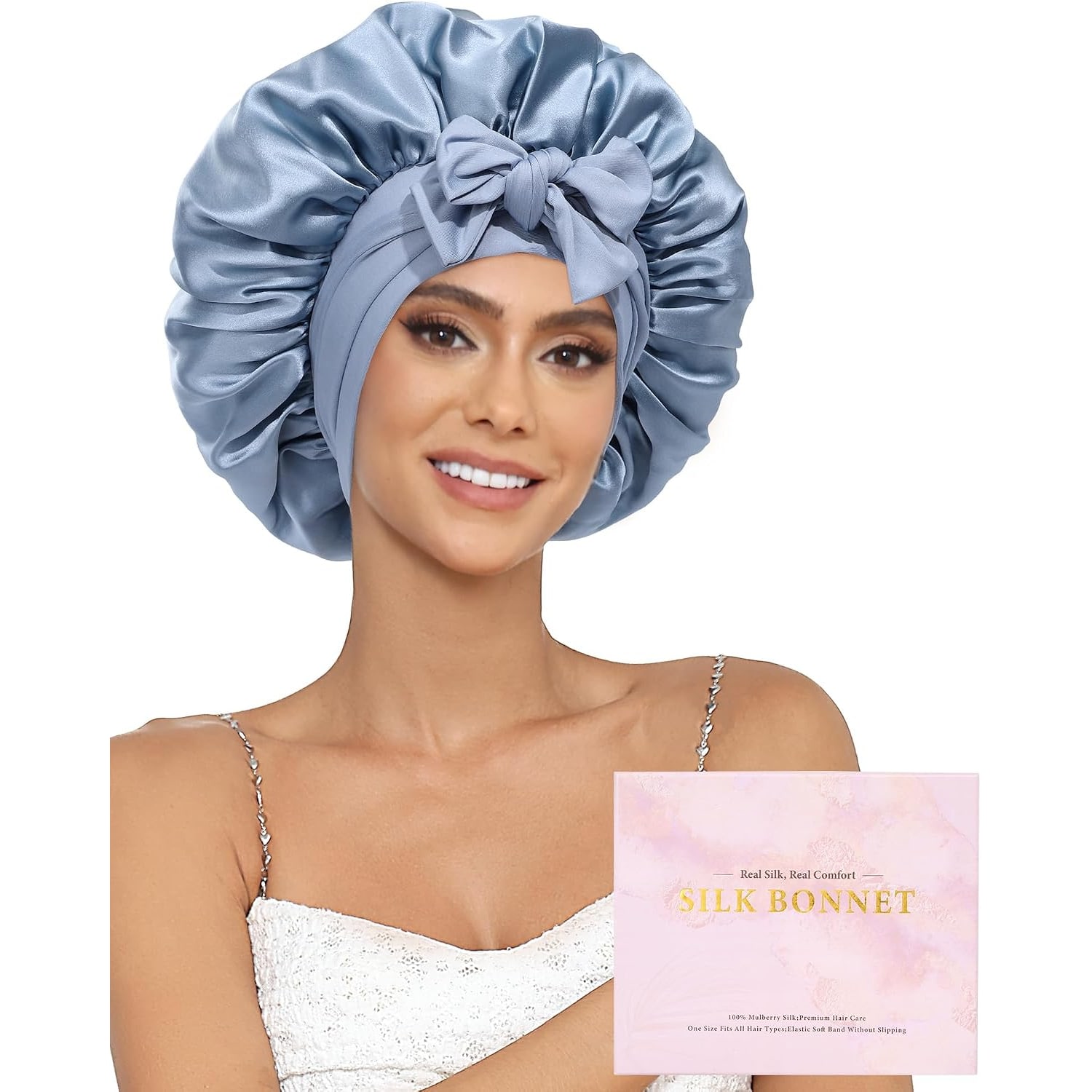 Reversible Mulberry Silk Bonnet in Haze Blue and Sky Blue