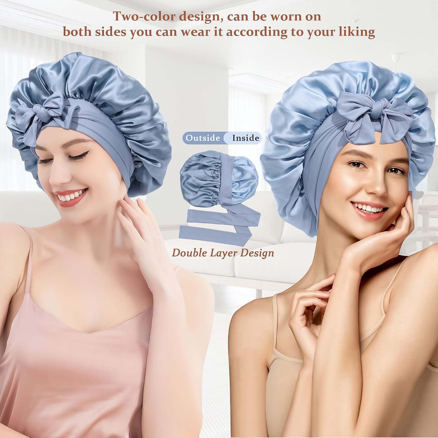 Reversible Mulberry Silk Bonnet in Haze Blue and Sky Blue