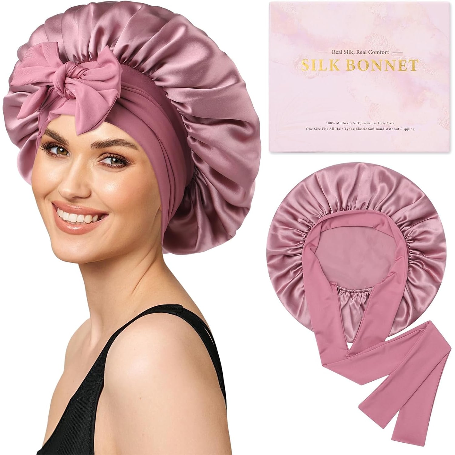 Rose Gold 19 Momme Mulberry Silk Bonnet with Tie Band