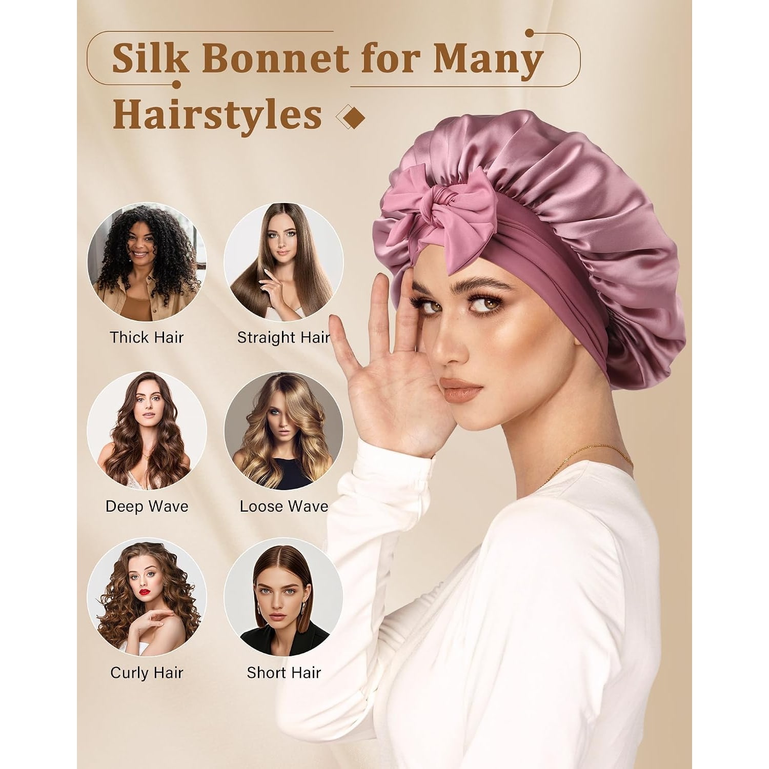Rose Gold 19 Momme Mulberry Silk Bonnet with Tie Band