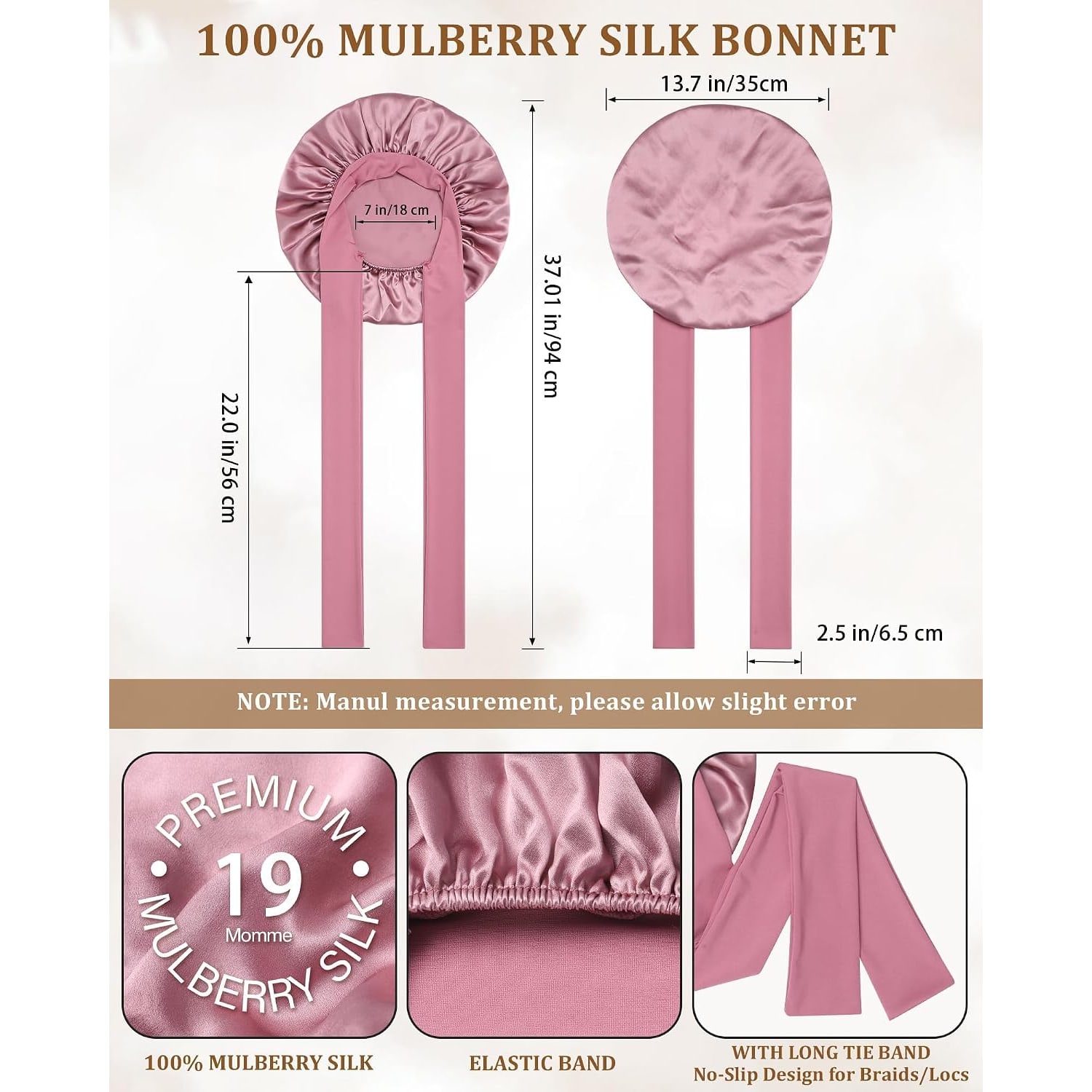 Rose Gold 19 Momme Mulberry Silk Bonnet with Tie Band