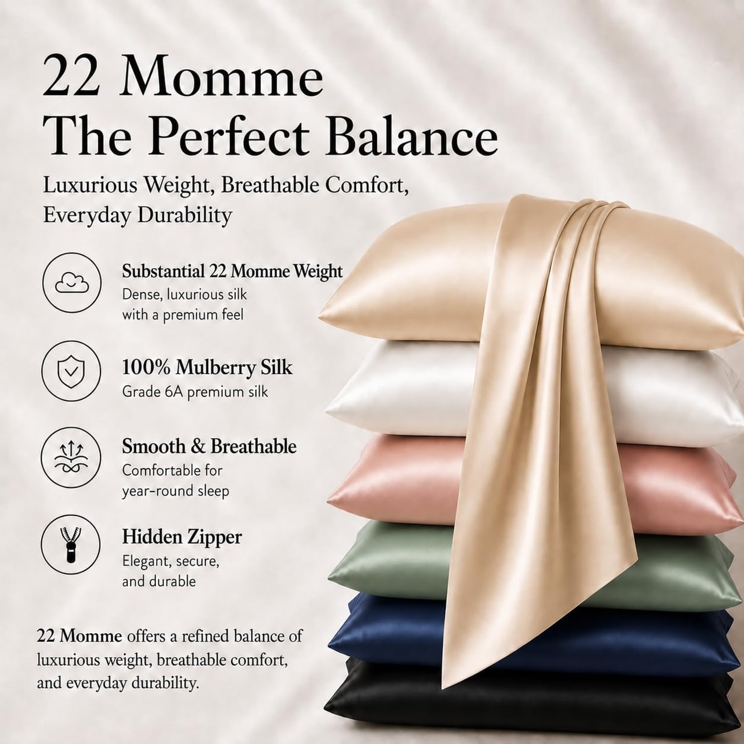 Beige 22 Momme Mulberry Silk Pillowcase, King