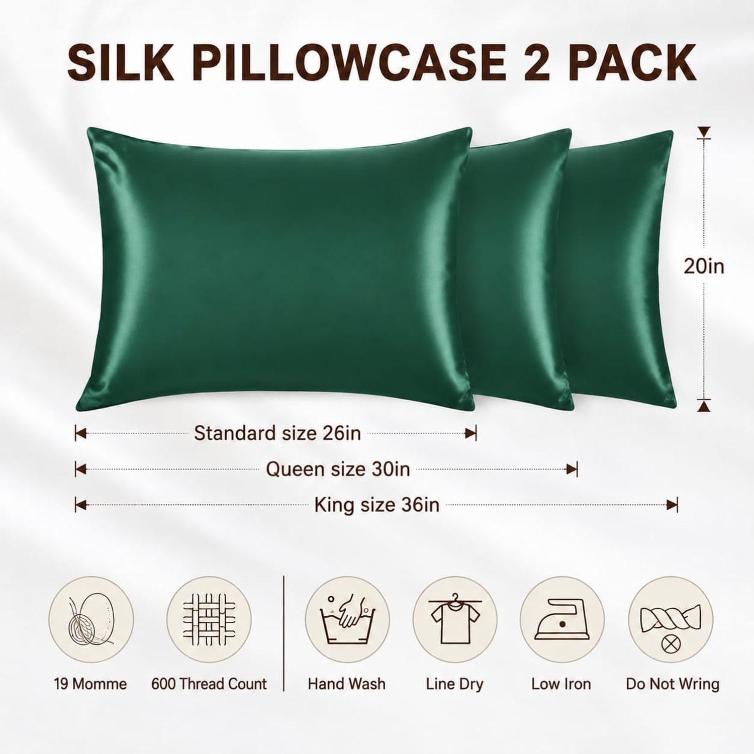 Dark Green 19 Momme Silk Pillowcases, 2 Pack, Standard