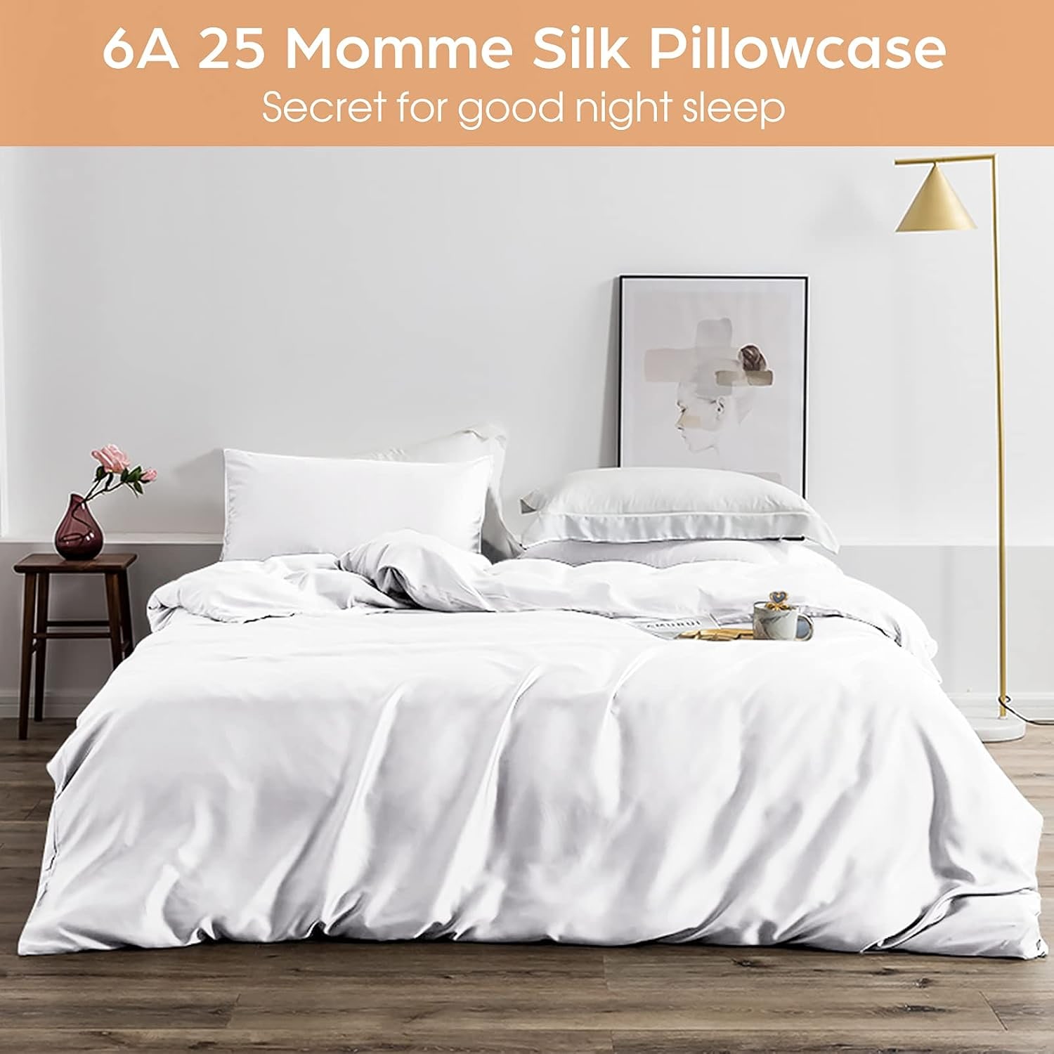 White 25 Momme Mulberry Silk Pillowcases, Standard, 2 Pack
