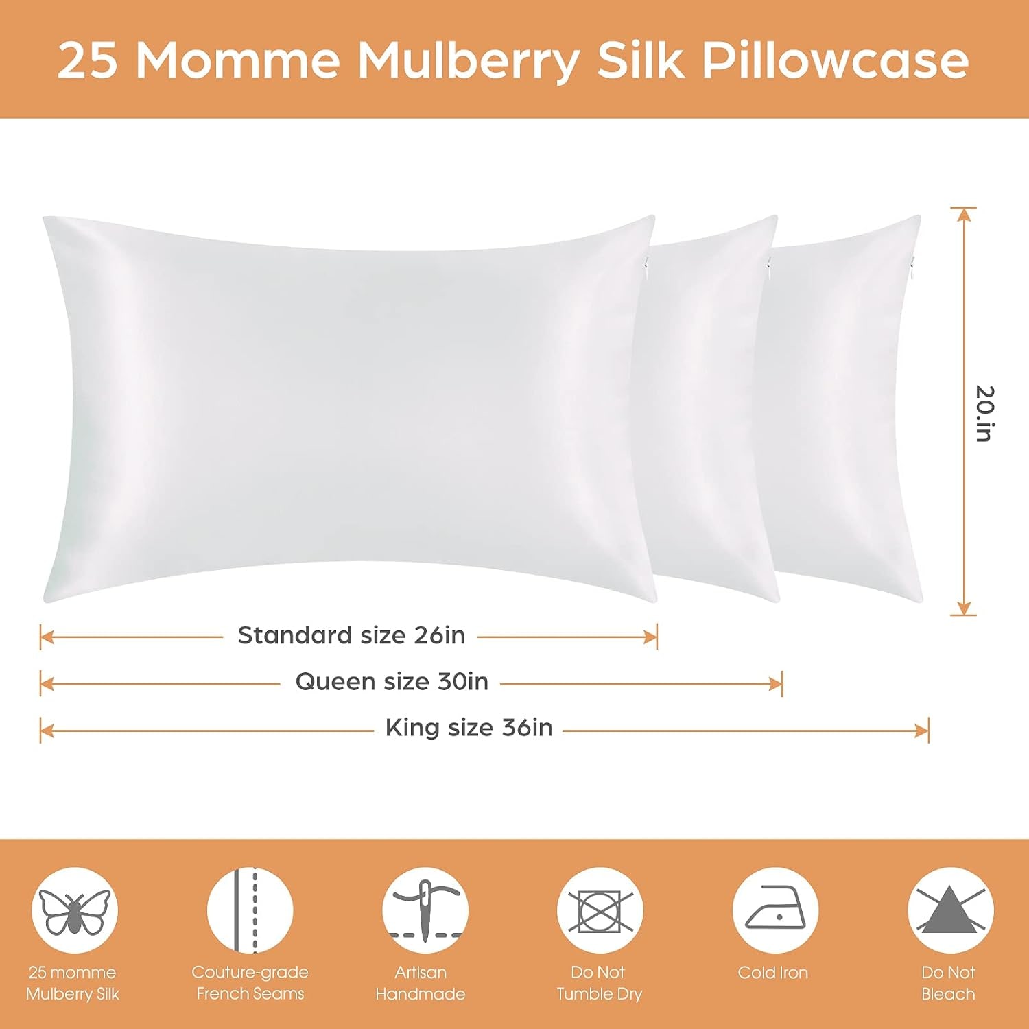 White 25 Momme Mulberry Silk Pillowcases, Standard, 2 Pack