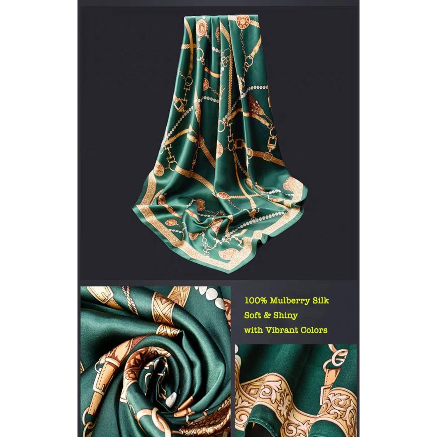 Dark Green Chain Print Silk Neck Scarf 21 Inch