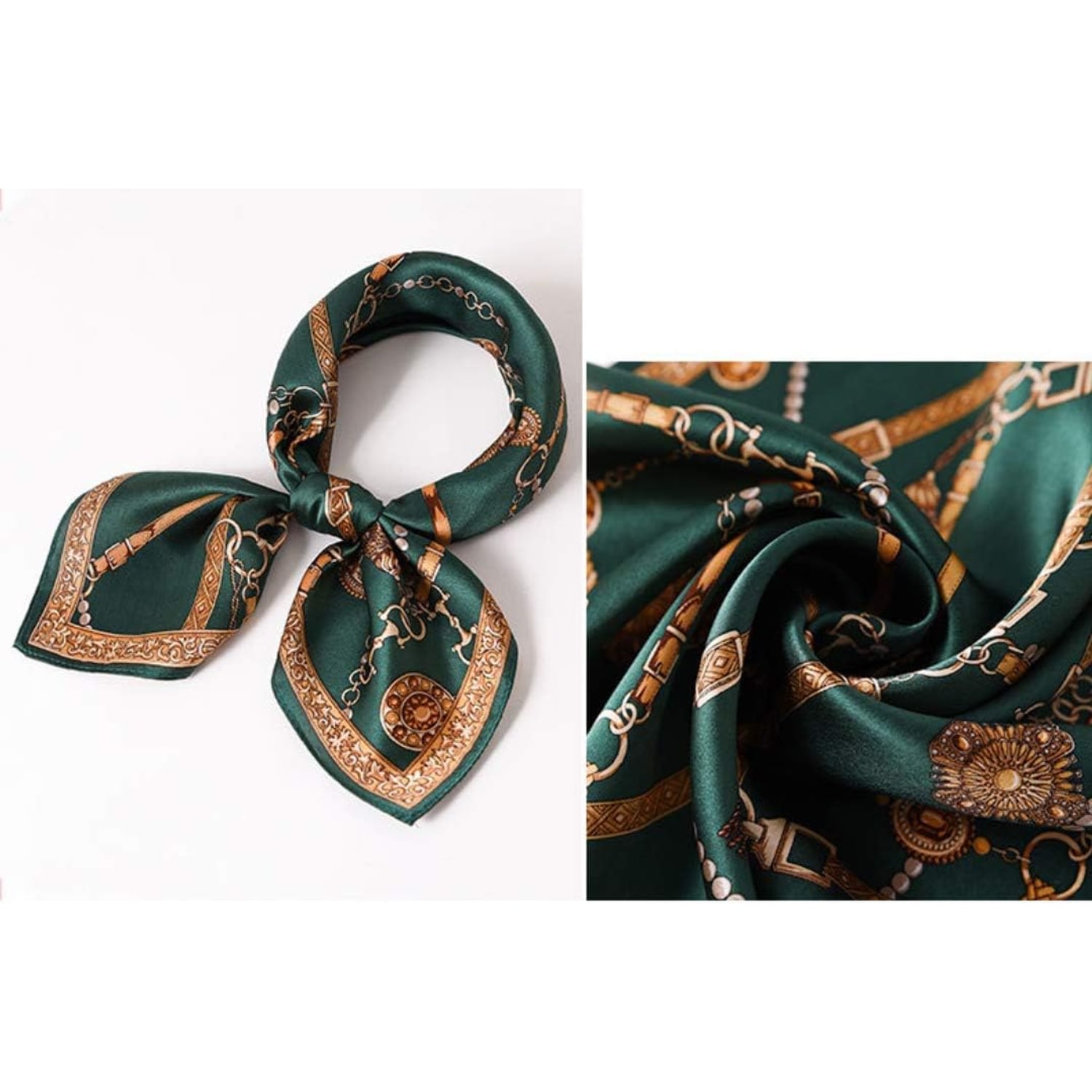 Dark Green Chain Print Silk Neck Scarf 21 Inch