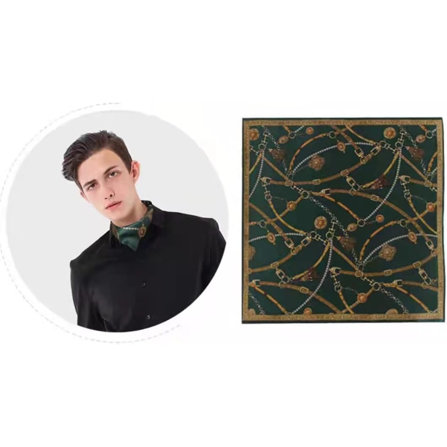 Dark Green Chain Print Silk Neck Scarf 21 Inch