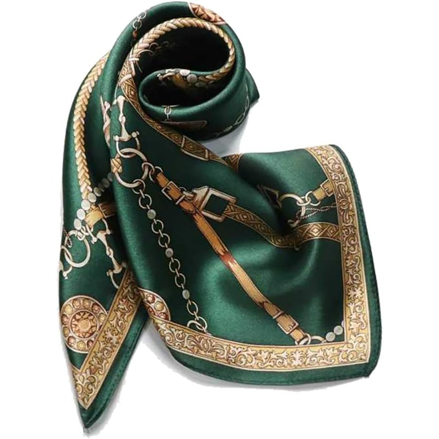 Dark Green Chain Print Silk Neck Scarf 21 Inch
