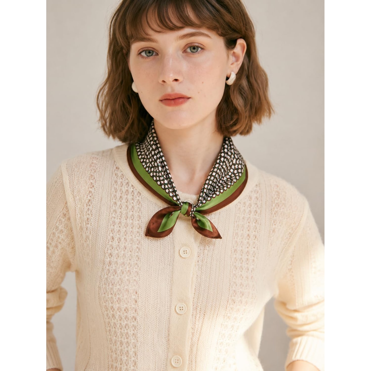 Dotted Mulberry Silk Neck Scarf 21 Inch, Black and Cream with Olive Border