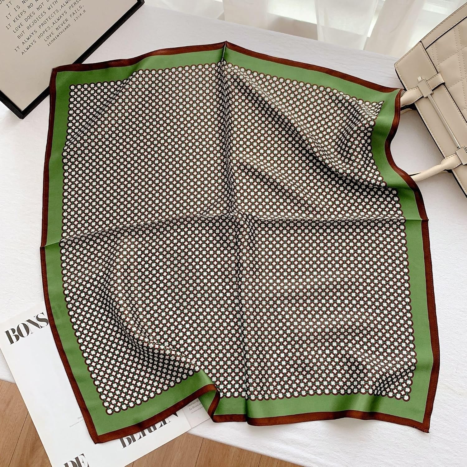 Dotted Mulberry Silk Neck Scarf 21 Inch, Black and Cream with Olive Border