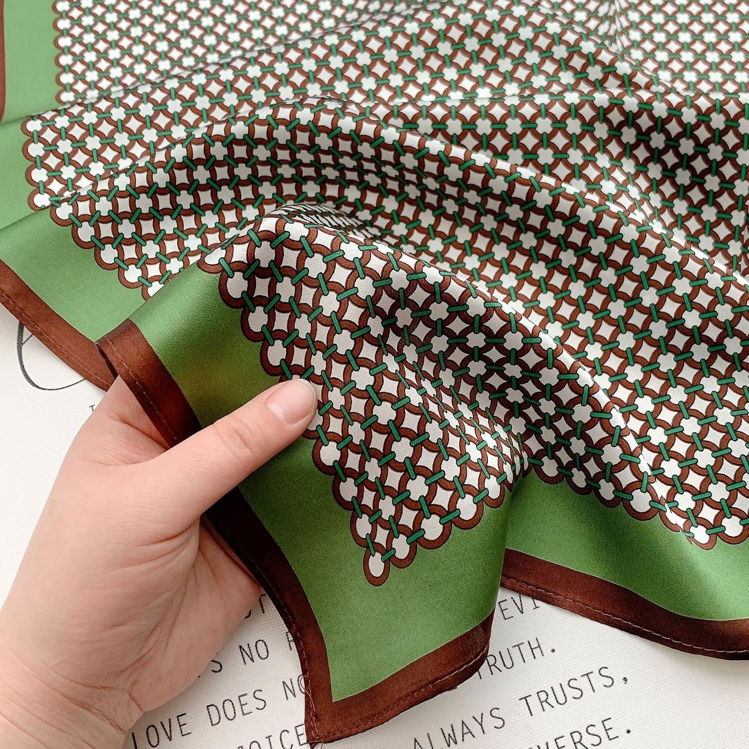 Dotted Mulberry Silk Neck Scarf 21 Inch, Black and Cream with Olive Border