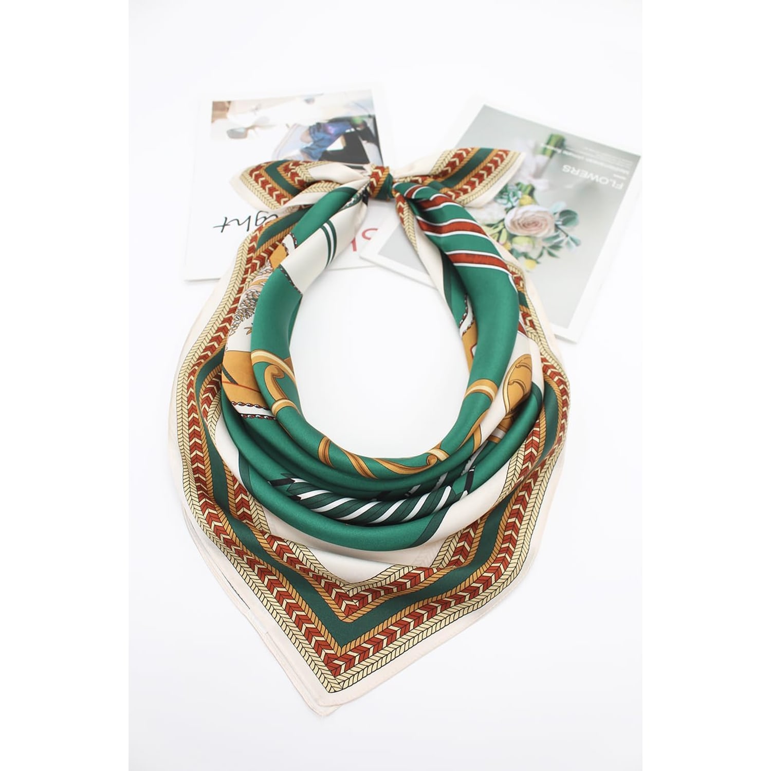 Green and Beige Silk Square Scarf 35 Inch