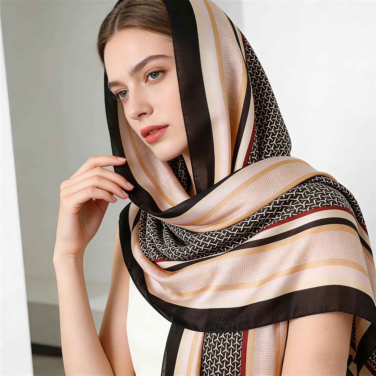 Long Taupe Striped-Border Mulberry Silk Scarf
