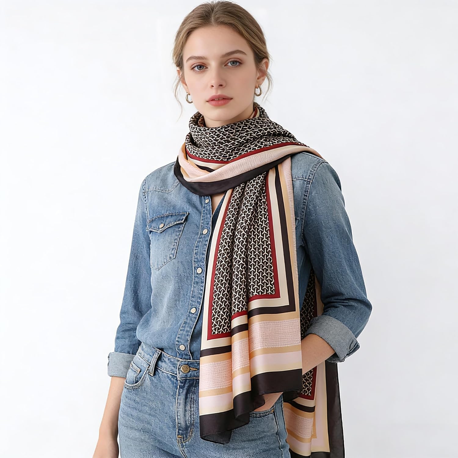Long Taupe Striped-Border Mulberry Silk Scarf