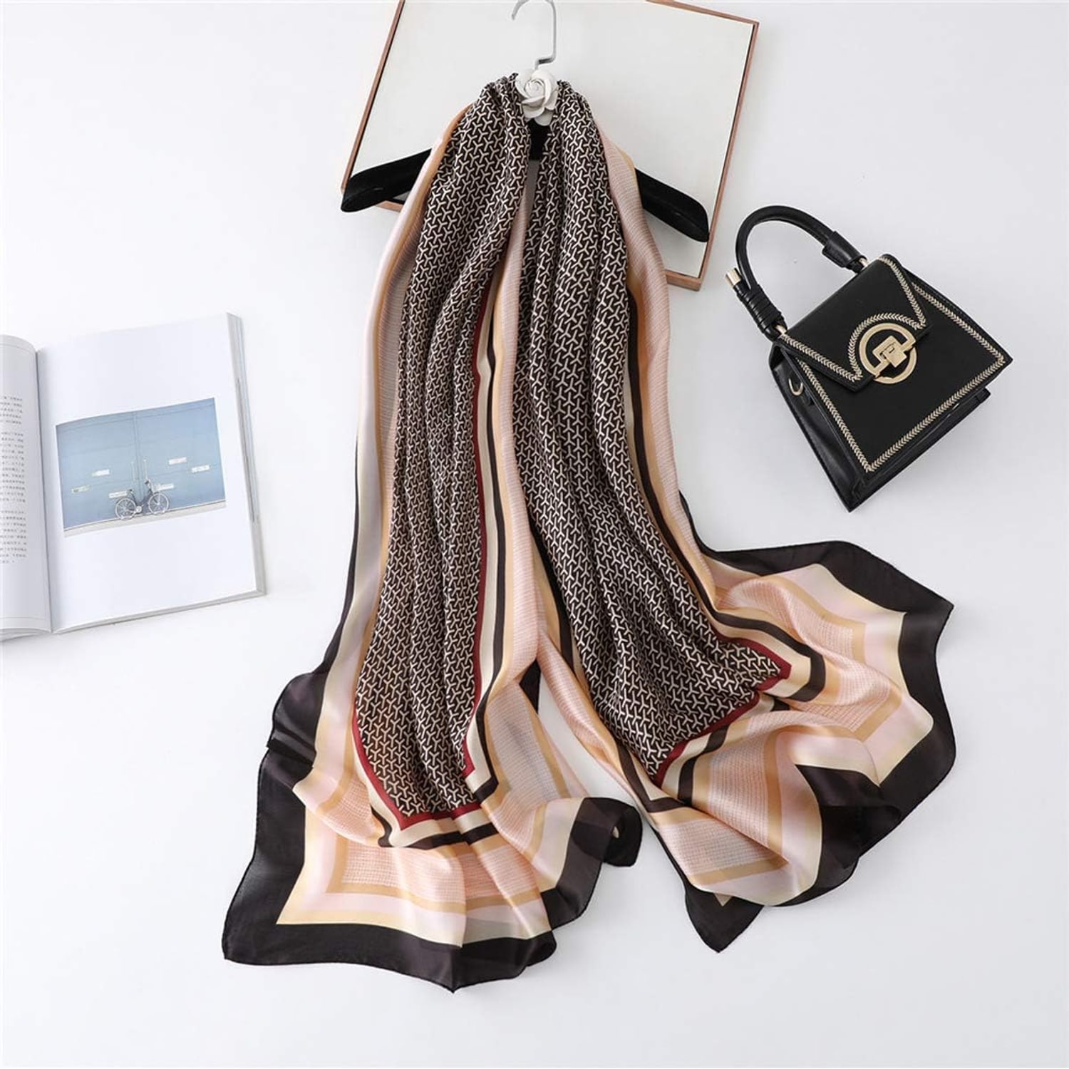 Long Taupe Striped-Border Mulberry Silk Scarf