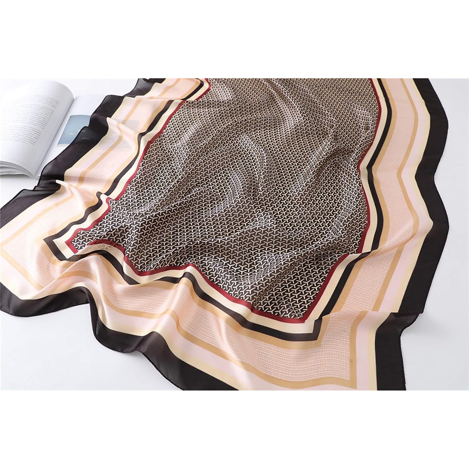 Long Taupe Striped-Border Mulberry Silk Scarf