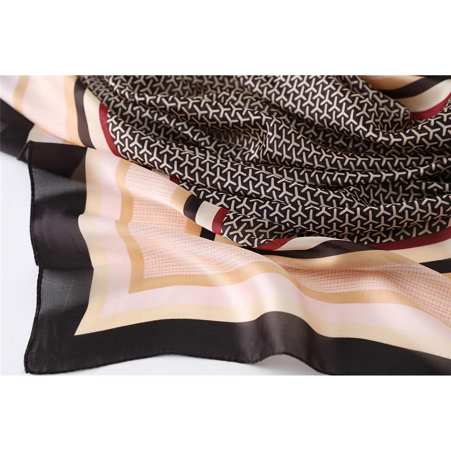 Long Taupe Striped-Border Mulberry Silk Scarf