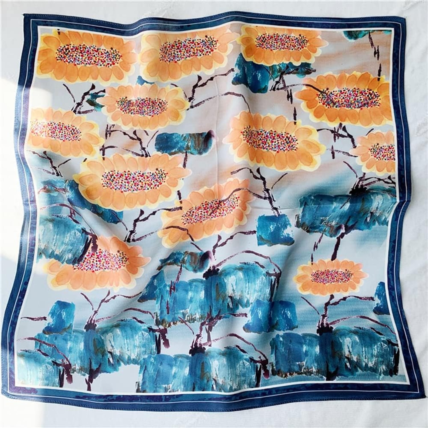 Lotus Pond Print Silk Neck Scarf 21 Inch