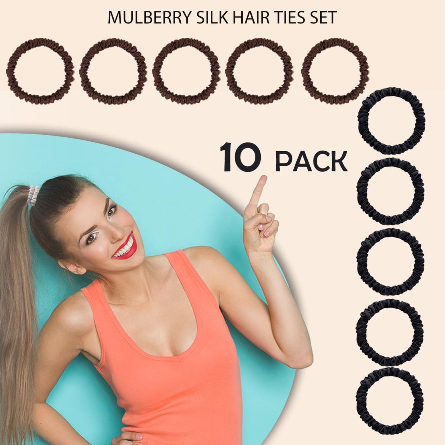 22 Momme Silk Hair Ties, 10 Pack in Black and Brown
