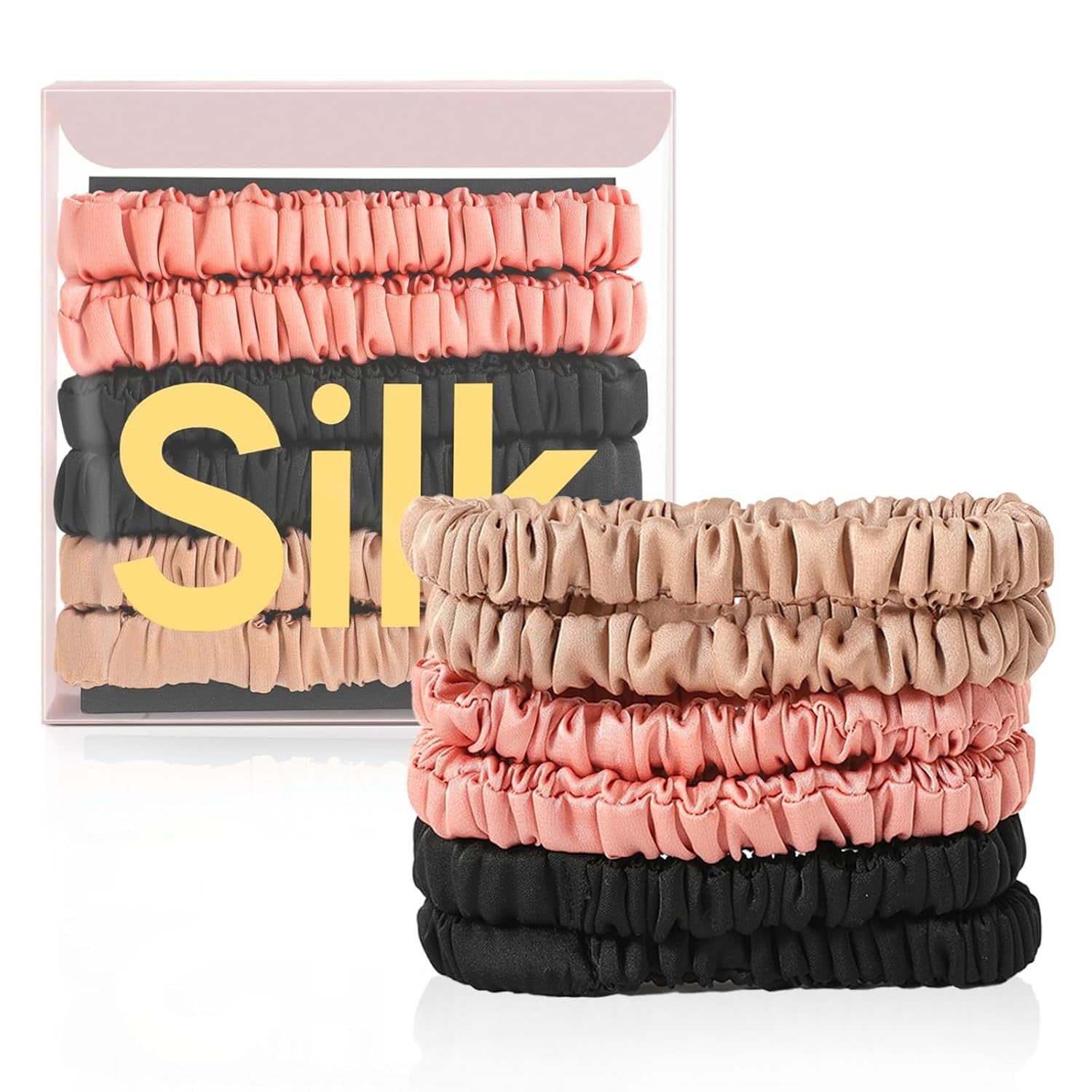 Mulberry Silk Hair Ties 6 Pack in Black, Coffee Brown and Rose Pink
