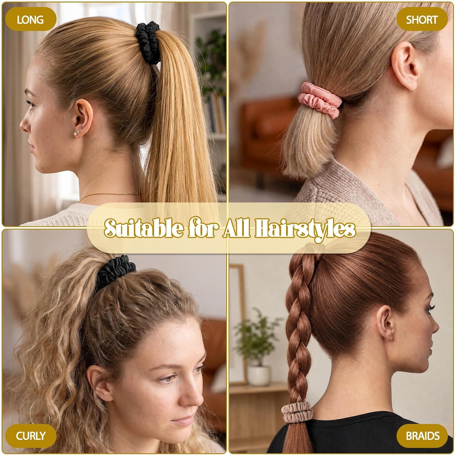 Mulberry Silk Hair Ties 6 Pack in Black, Coffee Brown and Rose Pink