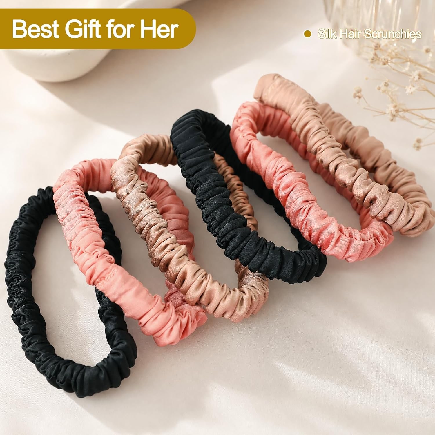 Mulberry Silk Hair Ties 6 Pack in Black, Coffee Brown and Rose Pink