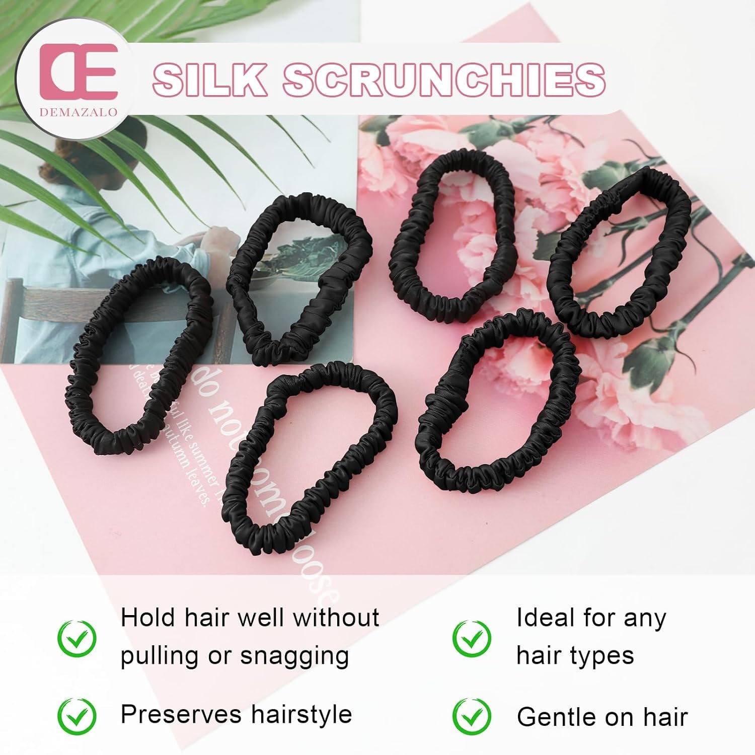 Black Mulberry Silk Hair Ties 6 Pack