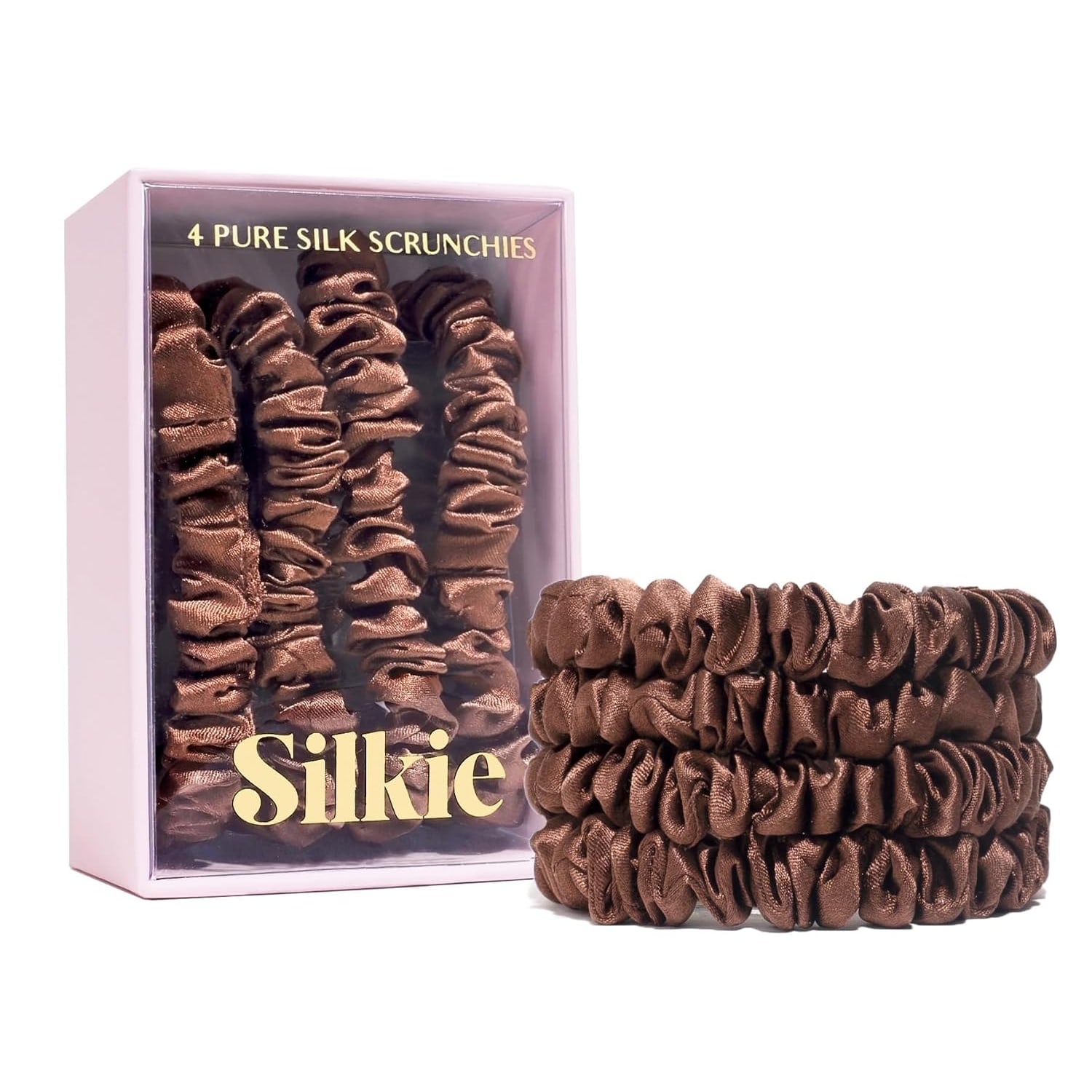 Skinny Mulberry Silk Scrunchies, 4 Pack, Praline