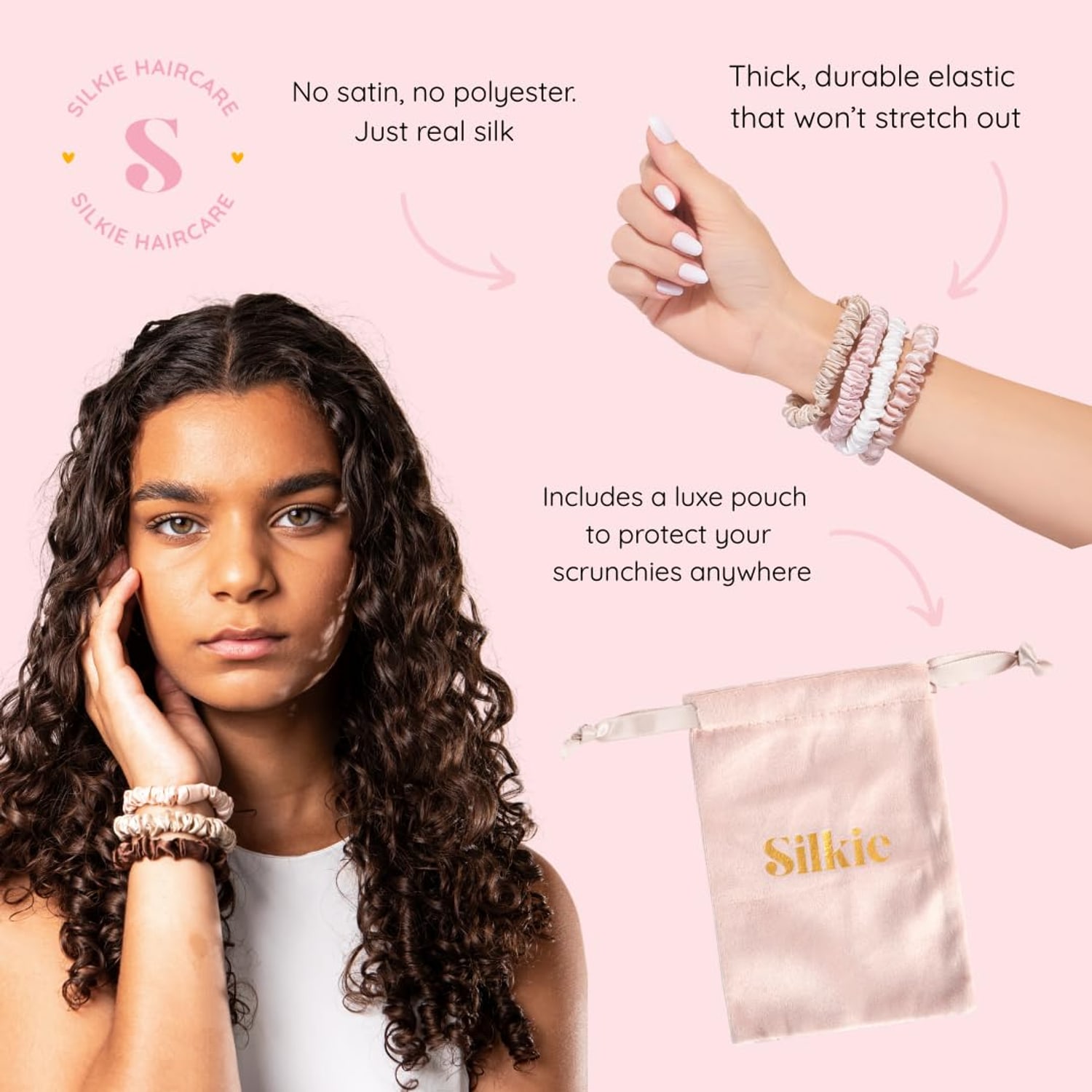 Skinny Mulberry Silk Scrunchies, 4 Pack, Praline